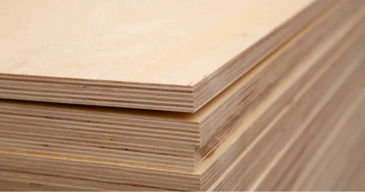 Close-up of a stack of plywood sheets.